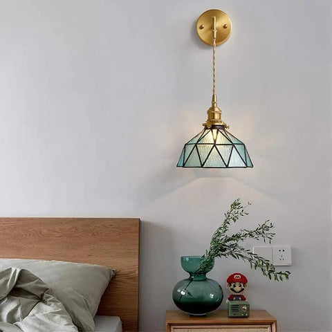 Battery Powered Wall Sconce Set Of 2 With Remote No Wiring Needed Wireless Indoor Lights Featuring Dope Blue Glass Shade Vintage Vibe Style Hanging Wall Lighting Fixture For Bedroom Living Room Bathroom Hallway And More Decor mounted above a bed