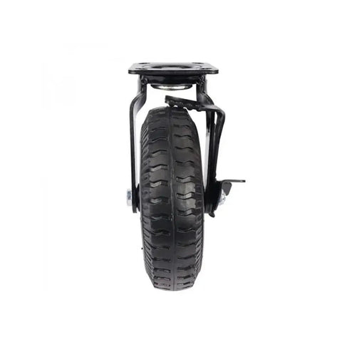 Top Shelf 8 Inch Pneumatic Rubber Wheel Featuring Heavy Duty Steel Hub And Secure Side Brake Lever seen from front angle with brake lever.