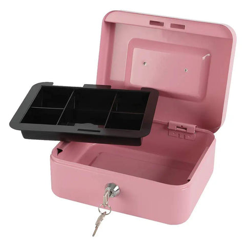 Locking Steel Cash Box With Removable Coin Tray And Key Lock Pink Medium Safe For Cash Or Tips Durable Metal Box With Easy Carry Handle