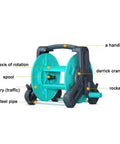 Pretty Slick Portable Garden Hose Reel With High Pressure Water Gun, detailed view of handle, spool, and frame features.