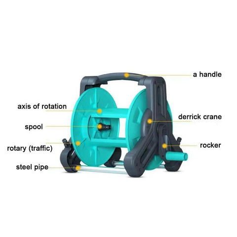 Pretty Slick Portable Garden Hose Reel With High Pressure Water Gun, detailed view of handle, spool, and frame features.