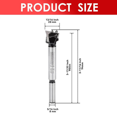 20mm Woodworking Drill Bit With 10mm Hex Shank Plywood And Hardwood Hinge Cutter Tool showing dimensions