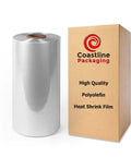 22 Inch 100 Gauge Polyolefin Center Fold Shrink Wrap Film Roll 2625 Feet Heavy Duty next to brown packaging box.