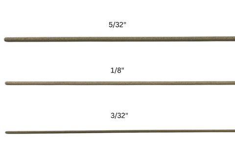 Three welding rods in varying diameters, highlighting the 3/32 inch Premium Arc Stick Electrodes, 14 Inch Welding Rods size.