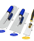 All In One Pro Grade Concrete Tools Kit with stainless steel 14in pool trowel, 11in finishing trowel, and 6in margin trowel.