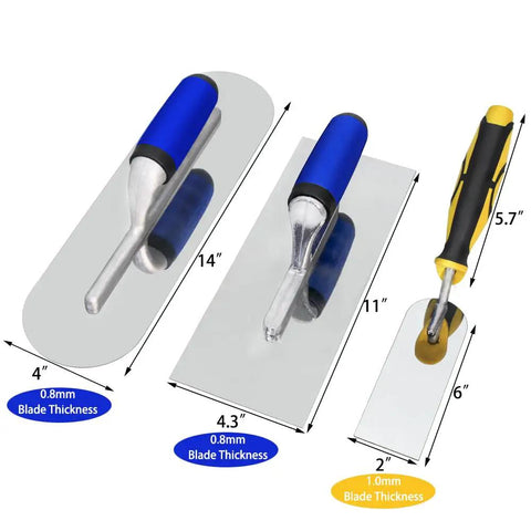 All In One Pro Grade Concrete Tools Kit with stainless steel 14in pool trowel, 11in finishing trowel, and 6in margin trowel.