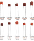 Metallized Polypropylene Film Capacitors Assortment Kit, 100 Pieces, 10 Values From 10nF To 474nF, 100V Rating, CBB Style display