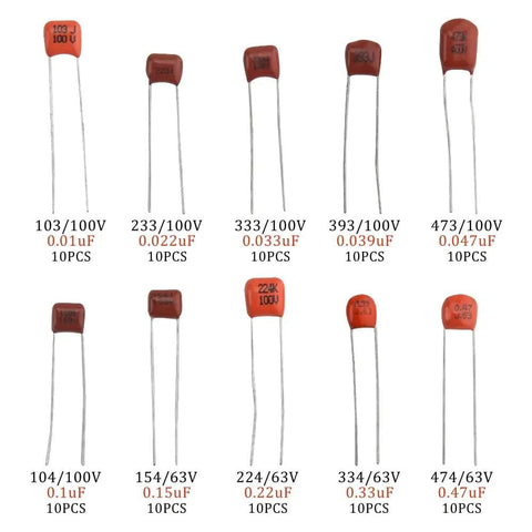 Metallized Polypropylene Film Capacitors Assortment Kit, 100 Pieces, 10 Values From 10nF To 474nF, 100V Rating, CBB Style display