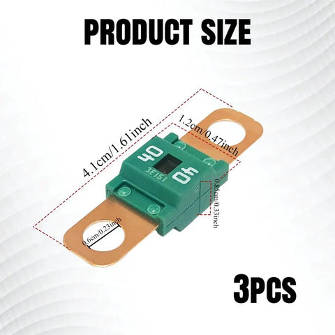 Solid As A Rock 3 Pack AMI Midi Bolt On Fuse 40 Amp Copper Plated Fork Terminals measuring 4.1 cm by 1.2 cm, ideal for vehicles.