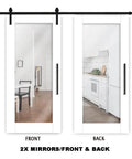 Dope Double Sided Mirror Sliding Barn Door Kit in white finish with black carbon steel hardware, two mirror inserts, front and back view