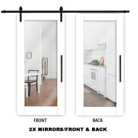 Dope Double Sided Mirror Sliding Barn Door Kit in white finish with black carbon steel hardware, two mirror inserts, front and back view
