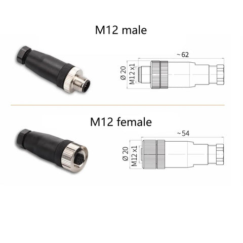 Diagram showing M12 male and female connectors with dimensions, related to Two Pack M12 Four Pin A Code Female Circular Connector IP67 Sensor Plug.