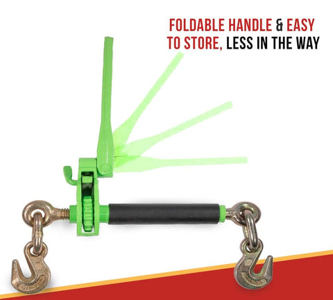 Hi Viz Green Beefy Heavy Duty Folding Handle Ratchet Load Binder With Grab Hook 7100 Lbs WLL For Flatbed Hauling Four Pack