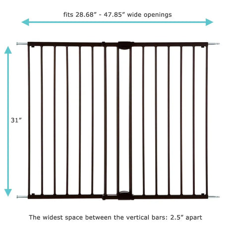 Easy Swing and Lock Baby Gate Series 2 Hardware Mounted Metal Safety, adjustable 28.68-47.85 inches width and 31 inches tall with bar spacing.