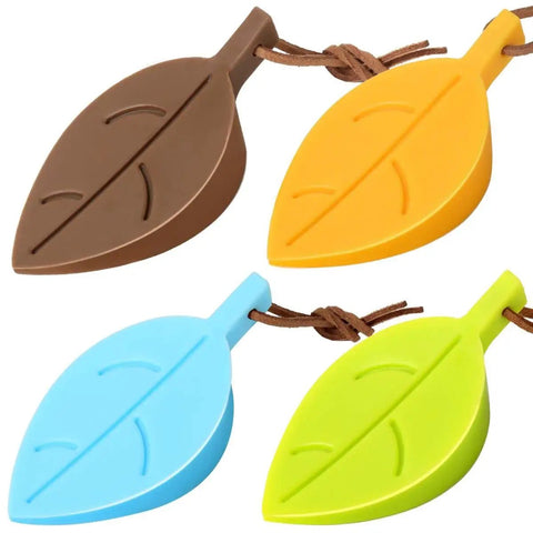 Four leaf shaped silicone door stops with lanyards in brown, yellow, blue, and green. Kid Safe Silicone Door Wedge for home and office use.