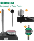 Components of Digital Durometer Type A With Stand For Accurate Rubber Plastic And Leather Hardness Testing, showing metal parts and LCD.