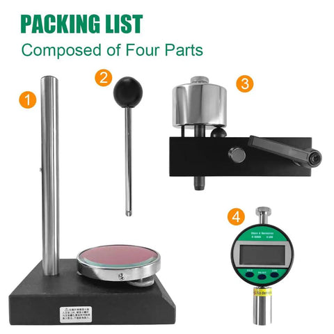 Components of Digital Durometer Type A With Stand For Accurate Rubber Plastic And Leather Hardness Testing, showing metal parts and LCD.