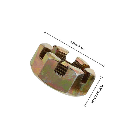 Golden alloy castle nut from Built Tough Golden Alloy Castle Nut Kit For Go Kart Steering Rod Replacement with dimensions shown.