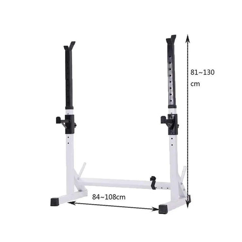 Adjustable Multifunctional Weightlifting Bench And Squat Rack For Home Gym with telescopic height and width measurements.