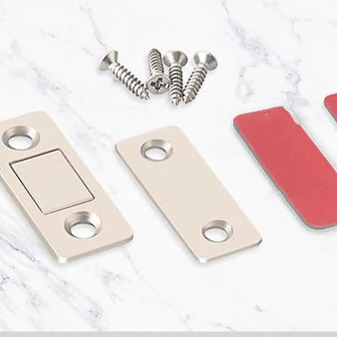 4 Pack Cabinet Magnetic Door Catch Set With Stainless Steel Shell, screws, and adhesive on a marble surface
