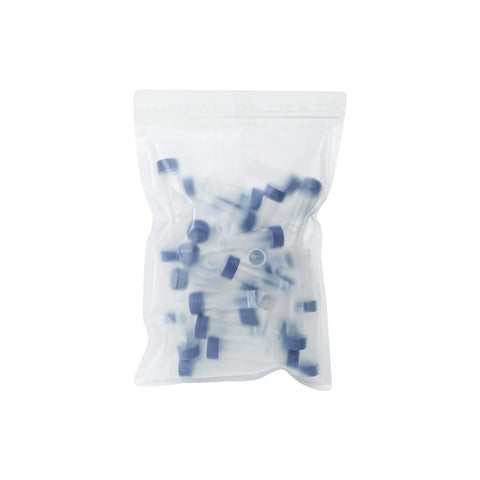 Bag of blue-capped 5 ml sterile plastic test tubes with screw caps for sample storage, case of 50