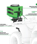 Close-up of Vehicle Spreader with Adjustable Feed Rate and Universal Attachment on ATV, showing media level and control features.