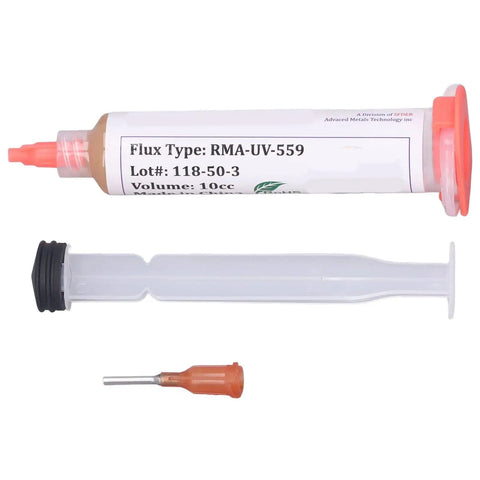 10cc Solder Flux Paste RMA-UV-559 syringe with cap, perfect for sensors, wires, tubes, and BGA chips, high insulation resistance.