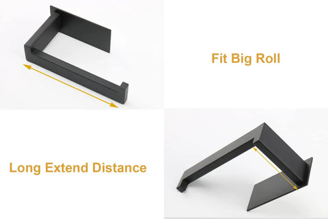 Self Adhesive Stainless Steel Toilet Paper Holder Matte Black Finish No Drill Easy To Install, shown with dimensions for big rolls.