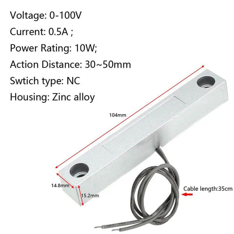 Front view of Wired Magnetic Reed Door Contact Sensor With Two Wires For Normally Closed NC Applications in zinc alloy housing.