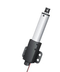 Close-up of Compact Mini Electric Linear Actuator Smooth Operator Lift Motor 6V To 24V DC Plug And Play with steel rod and gearbox.