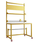 Heavy Duty Rolling Workbench With Smooth Rollin Caster Wheels And Adjustable Standing Height For Warehouses And Couriers, includes pegboard rack and cutter.