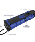 52SL Foldable Dual LED Work Light showing blue and black design, USB-C port, foldable hook, magnets, and labeled features