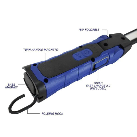 52SL Foldable Dual LED Work Light showing blue and black design, USB-C port, foldable hook, magnets, and labeled features