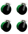 Heavy Duty Swivel Caster Set Of Four With Dual Eight Inch Green Polyurethane On Cast Iron Wheels 5000 Lbs Total Capacity Four Swivels Industrial Grade Casters For Totes Dollies And Equipment