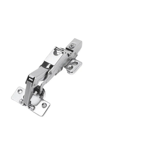 Close-up of Two Pack 165 Degree Corner Cabinet Hinges Wide Angle Self Closing Steel Hardware with chrome finish