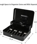 Large Cash Box With Money Tray And Lock For Cash Handling And Small Biz Hustle, 11.8L x 9.5W x 3.5H Inches, open with coin slots and lock