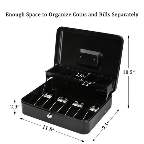 Large Cash Box With Money Tray And Lock For Cash Handling And Small Biz Hustle, 11.8L x 9.5W x 3.5H Inches, open with coin slots and lock