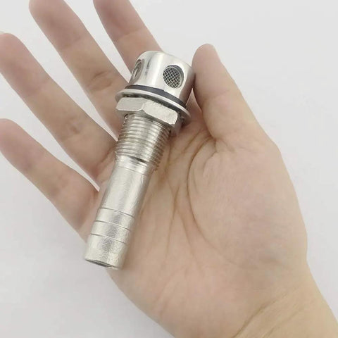 Hand holding 316 Stainless Steel Gas Tank Vent Cowl With Mounting Gasket And Hardware For Marine Boats And Yachts.