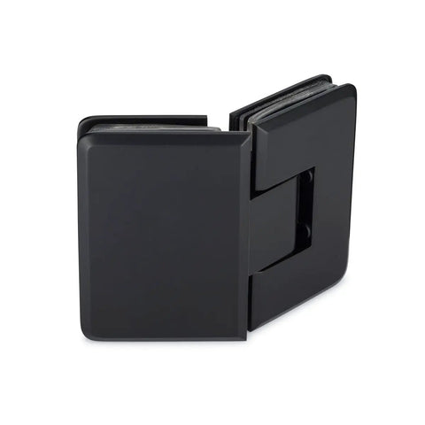 Oceana Standard Duty Adjustable 135 Degree Glass to Glass Hinge Matte Black for Three Eighths Inch or One Half Inch Glass Doors Up To 32 Inch Wide and 120 Lb Self Closing Within About 25 Degrees Fits Common Glass Door Cutouts Durable Finish