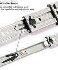Heavy Duty Three Section Drawer Slides And Industrial Runner Tracks With Solid Mounting Brackets For Zero Sag Cabinet and toolbox glides showing detachable snaps for easy installation.