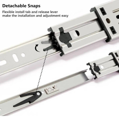 Heavy Duty Three Section Drawer Slides And Industrial Runner Tracks With Solid Mounting Brackets For Zero Sag Cabinet and toolbox glides showing detachable snaps for easy installation.
