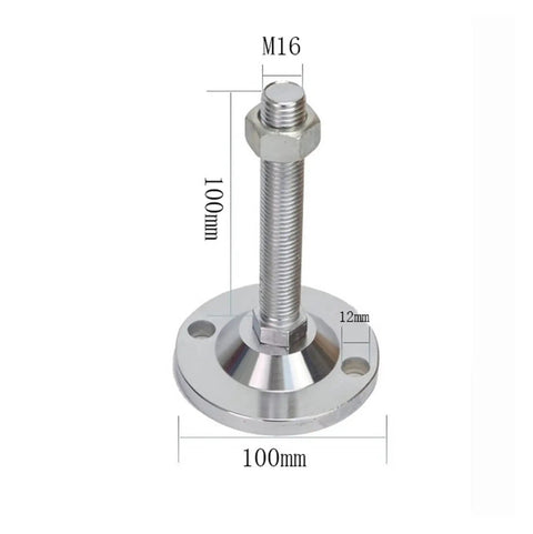 Straight Up Heavy Duty Adjustable Leveling Feet Four Pack M16 Screw Mount Carbon Steel Nickel Coated Furniture Support Plates 100Mm Wide Base shown with dimensions.