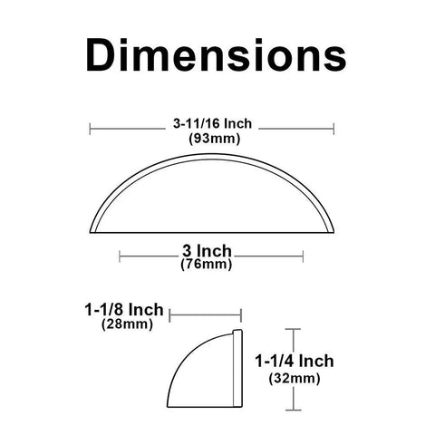 Dimensions diagram of Cup Drawer Pulls 3 Inch 76mm Champagne Gold 10 Pack cabinet hardware with measurements in inches and mm