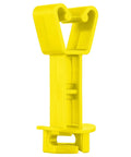 Yellow electric fence shock insulator for chain link posts, suitable for T post and U post, keeps energy in, lets wire free run.