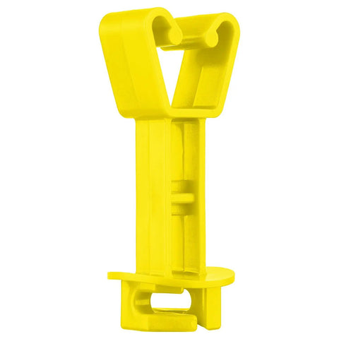 Yellow electric fence shock insulator for chain link posts, suitable for T post and U post, keeps energy in, lets wire free run.