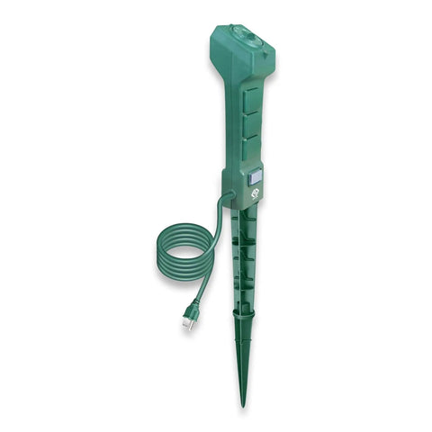 Slick Heavy Duty Outdoor Power Stake With Light Sensor Timer Set To Two Four Six Or Eight Hours Powers On At Dusk To Dawn features a green plastic design with cord.