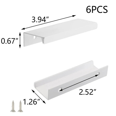 White Kitchen Cabinet Handles With 2.52 Inch Hole Centers Ergonomic Concealed Finger Edge Pulls, dimension details shown