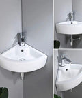 Wall Mount Corner Vessel Sink With Chrome Faucet And Pop Up Drain, White Porcelain Above Counter Mini Vanity Sink for Small Bathrooms