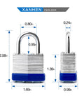 Keyed Alike Laminated Steel Padlocks With Standard Shackle For Hasps, Sheds, Fences, Storage Lockers, Schools, Gyms, And More, Heavy Duty Beefy Indoor Outdoor Locks Built To Last, 6 Pack dimensions illustration