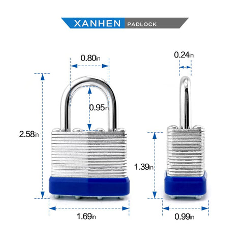Keyed Alike Laminated Steel Padlocks With Standard Shackle For Hasps, Sheds, Fences, Storage Lockers, Schools, Gyms, And More, Heavy Duty Beefy Indoor Outdoor Locks Built To Last, 6 Pack dimensions illustration